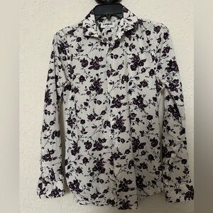 Express Men's Casual White and Purple Floral Shirt